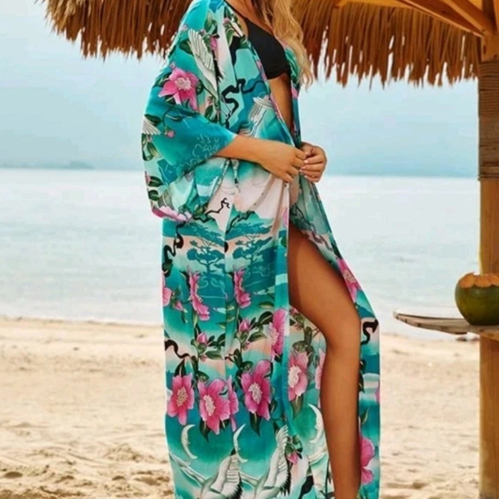 Hawaiian Beach Cover-up Belted Robe Kimono Woman Aqua Blue Lounge Asian Crane